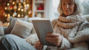 With her trusted tablet in hand a mature woman dedicates her time to researching investment opportunities from the comfort of her cozy living room photo