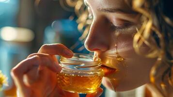 A shot of someone taking a deep sniff of a jar of honey with a look of intense concentration on their face as they try to identify the subtle notes in its aroma photo