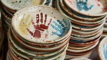 A stack of custom pottery plates each one displaying a different childs handprint and name for a heartfelt Fathers Day gift. photo