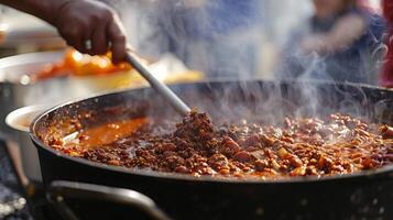 The intense heat of a chili cookoff competition has contestants sweating as they craft their secret recipes with tongues wagging in anticipation photo