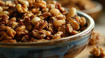 A bowl overflowing with buttery toasted nuts destined to become the star ingredient in a batch of irresistible cookies or brownies photo