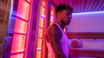 A young athlete using a sauna as part of their postworkout routine the infrared heat aiding in muscle recovery and promoting overall wellness. photo