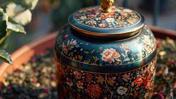 A closeup of a tea canister adorned with a beautiful label and filled with a fragrant blend of tea leaves photo