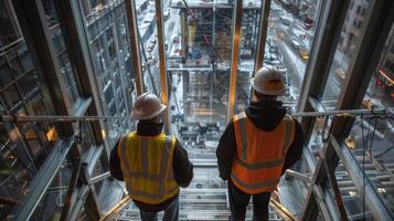 ascendente en el ascensores construcción trabajadores admirar el asombroso ciudad puntos de vista como ellos Acercarse el parte superior de el skyser núcleo foto