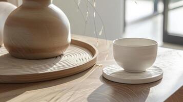 A minimalist and modern set of embossed ceramic coasters adorned with a simple line design. photo