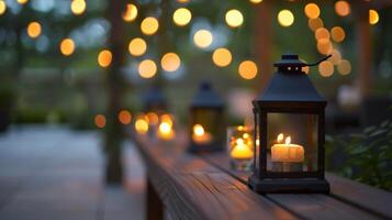 Small lanterns filled with flickering candles line the perimeter of the patio adding a touch of romance to the intimate gathering. 2d flat cartoon photo