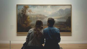 A couple sitting on a bench admiring the beauty of a traditional landscape painting in a quiet and intimate gallery room photo