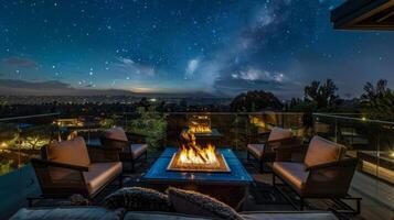 A glass fire pit table surrounded by modern lounge chairs with a view of the starry night sky above. 2d flat cartoon photo