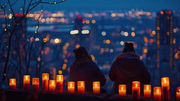 The city below serves as a backdrop for the heartfelt and raw poetry being shared amplified by the warm glow of the candles. 2d flat cartoon photo