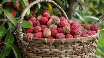 un cesta lleno con recién escogido lychee un popular tropical Fruta esperando a ser hecho dentro un hecho en casa mermelada foto