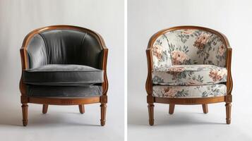 A before and after comparison of a tiredlooking armchair covered in an outdated floral fabric transformed into a chic and modern statement piece with a sleek gray velvet upholstery photo
