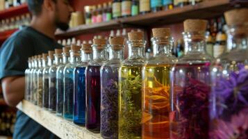 A row of colorful glass bottles filled with various herbal oils and tinctures line a shelf behind the man photo