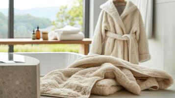 A fluffy and absorbent bathrobe designed to quickly dry off and warm up after a refreshing sauna session. photo