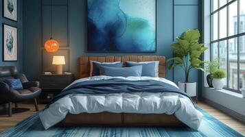 A bedroom comes to life with a striking wallpaper featuring a geometric pattern of overlapping circles in shades of blue and green adding a touch of fun and playfulness t photo