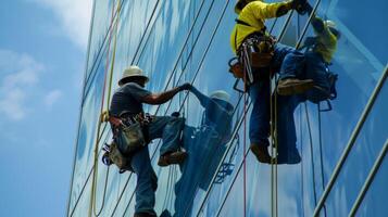 On the lower levels workers use their tools to secure the finishing touches on the installed windows ensuring they can withstand the elements photo