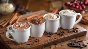 A hot chocolate flight with mini mugs filled with different flavors from traditional milk chocolate to unique blends like y Mexican hot chocolate photo