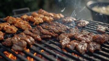 Delgado sabroso tiras de bulgogi carne de vaca y y marinado pollo chisporrotear en el barbacoa parrilla enviando bocas riego y estómagos gruñendo en anticipación foto