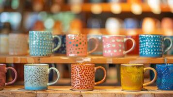 A collection of finished mugs on display each one distinctly different from the next but all reflecting the creativity of the maker. photo