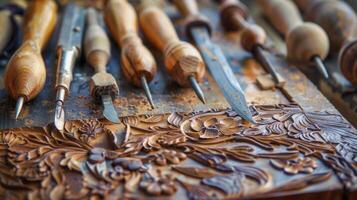 un conjunto de tallado herramientas cuidadosamente grabando intrincado diseños dentro un pedazo de arcilla. foto