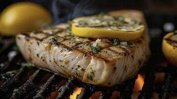 Dig into a mouthwatering swordfish steak grilled to perfection over an open flame. The zesty notes of lemon add brightness to every bite while the warm glow of the heart photo