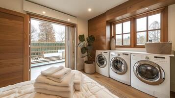 A modern and functional laundry room with builtin washer and dryer units cleverly hidden behind cabinet doors optimizing space and keeping the room clutterfree photo