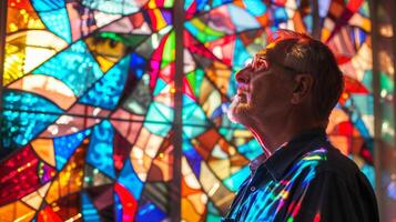 A man standing in front of a large stained glass window he created admiring the vibrant colors and intricate patterns that he carefully pieced together photo