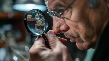 un orientado al detalle coleccionista cercanamente inspecciona un potencial compra debajo un aumentador vaso asegurando el pedazo es auténtico y en bueno condición foto