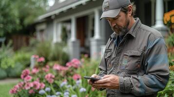 A homeowner standing next to a smart irrigation system checking the settings on their phone app and marveling at the convenience of controlling watering from anywhere photo