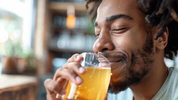 un hombre toma un sorbo de un ligero amarillo kombucha su ojos cerrado en disfrute foto