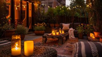 Warm tones of orange and yellow filled the outdoor space providing a welcome contrast to the cool night air as the candles burned brightly. 2d flat cartoon photo