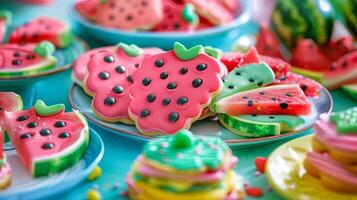 A table filled with colorful plates of watermelonthemed desserts such as watermelonshaped cookies and watermelon ice cream sundaes photo