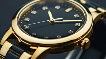 Blank mockup of an elegant goldplated watch with a black ceramic bracelet and diamond accents. photo