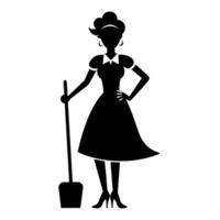 A cleaner woman meticulously cleaning the room flat style silhouette vector