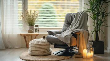 A cozy corner of a living room dedicated to relaxation furnished with a reclining chair essential oil diffuser and soft throw blankets for a peaceful evening in photo