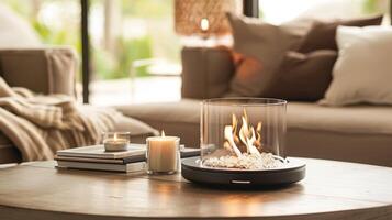 Resting atop a sy base this tabletop fireplace is both practical and elegant. 2d flat cartoon photo