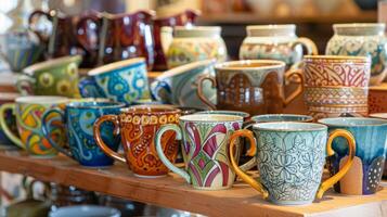 A collection of intricate and unique drinkware can be seen on the counter ranging from delicate teacups to oversized mugs with whimsical designs photo