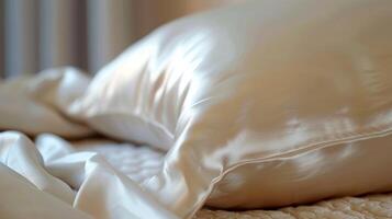 A silk pillowcase dd over a pillow its smooth surface contrasting against the rough fabric of the pillow photo