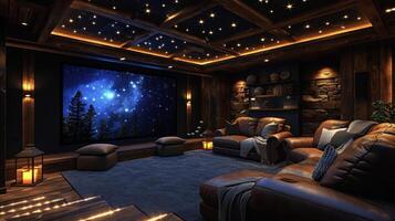 An image of a cozy home theater complete with plush recliner chairs soft lighting and a custombuilt screen frame that seamlessly fits into the rooms decor photo