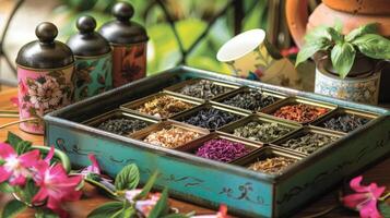 A tray filled with colorful tea tins and delicate teacups entices tea lovers to sample the variety of exquisite herbal blends photo