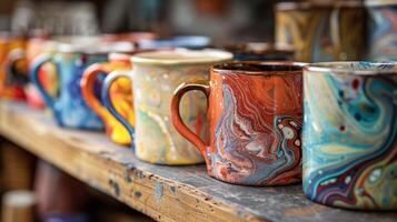 A row of handmade ceramic mugs each uniquely adorned with a complex marbled glaze. photo