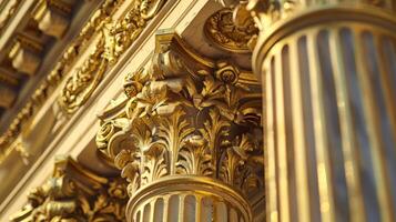 utilizando periodo apropiado tecnicas trabajadores son cuidadosamente aplicando nuevo capas de oro hoja a florido columnas de un histórico griego renacimiento edificio foto