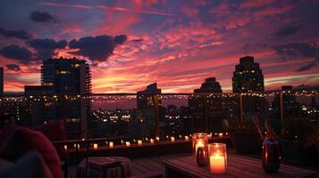 The rooftop skyline illuminated with the warm mesmerizing glow of candlelight. 2d flat cartoon photo