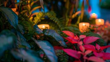 In the candlelight faces are softened and the vibrant colors of the plants seem to come to life providing a beautiful backdrop for the workshop. 2d flat cartoon photo