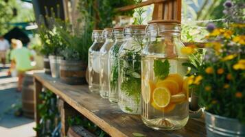 A rustic booth decorated with herbs and es showcasing homemade infused water photo