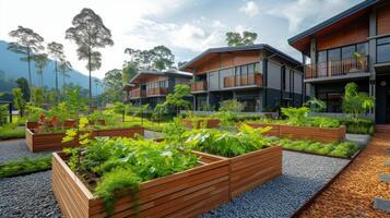A charming retirement village surrounded by greenery offering raised garden beds for elderly residents to engage in meaningful activities and enjoy the beauty of nature photo