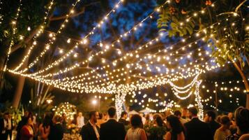 Strings of fairy lights crisscross above the guests casting a warm and romantic glow on the entire ceremony. 2d flat cartoon photo