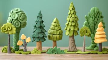 A group of clay trees varying in size and shape perfect for building a forest set in a stopmotion film. photo
