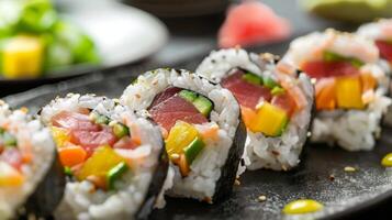 presentando un combinación de y atún y tropical frutas estos Sushi rollos oferta un equilibrar de calor y dulzura en cada mordedura foto