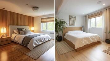 A before and after comparison of a bedroom renovation with the new design incorporating sustainable bamboo flooring and organic cotton bedding recommended by Sustainable Buildin photo