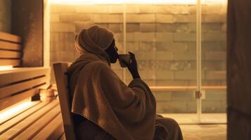 A person wrapped in a towel sitting on a chair and sipping on a cup of herbal tea while waiting for the sauna to heat up. photo